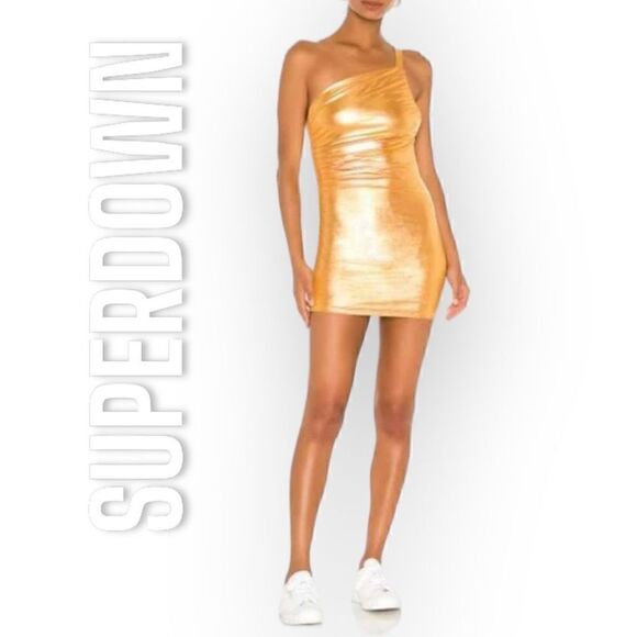 Superdown Elsa One Shoulder Gold Metallic Bodycon Mini Dress, Women’s Medium - Picture 1 of 9